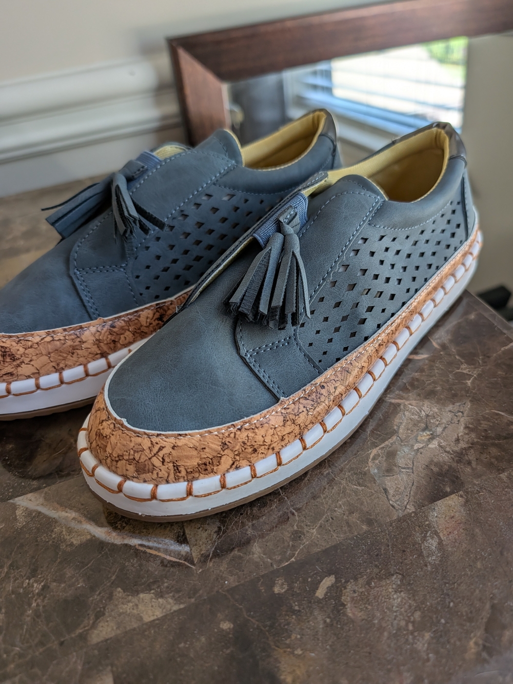Women’s Suede Blue Tassel Slip-On Loafers with Cork Trim - Picture 2 of 8